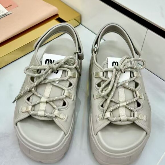 miumiu Lace - Up Platform Sandals in Light Grey: Elevate Your Casual Wear - Picture 1 of 9